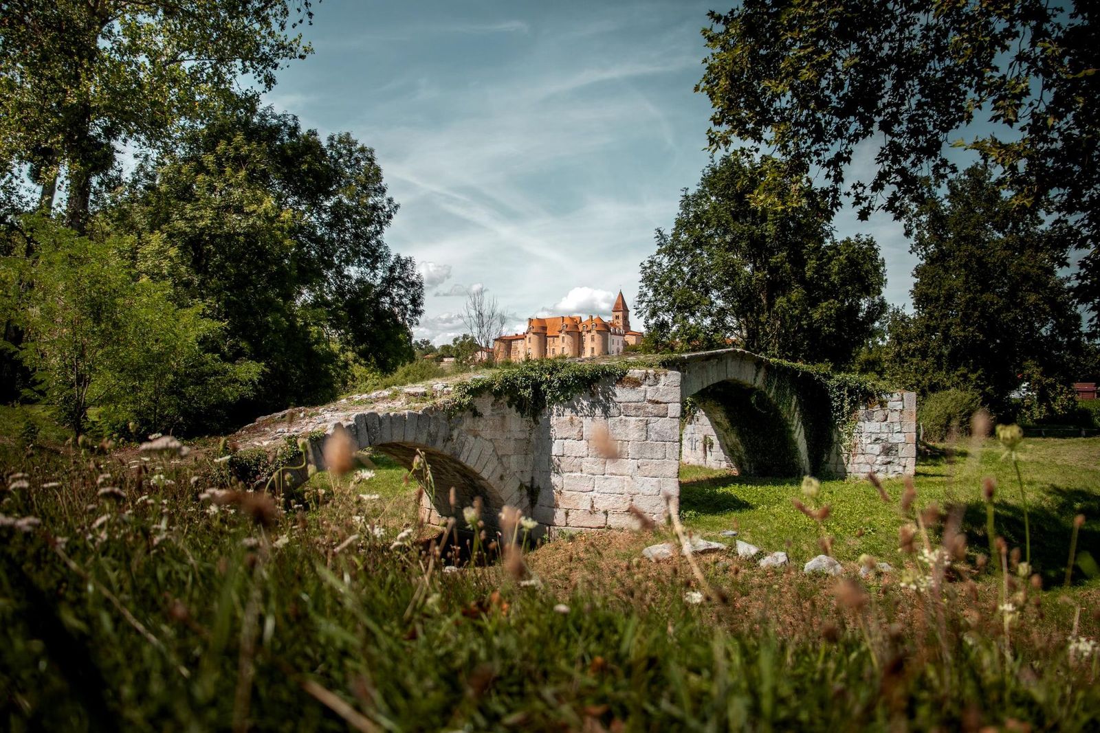 Le Prieuré de Pommiers-en-Forez vu depuis le vieux pont de pierre, entouré d'arbres